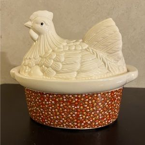 Vintage Enesco Designed Chicken Nester Ceramic White with Flowers